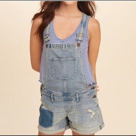 Hollister shortalls distressed denim overall shorts XS - Picture 2 of 6